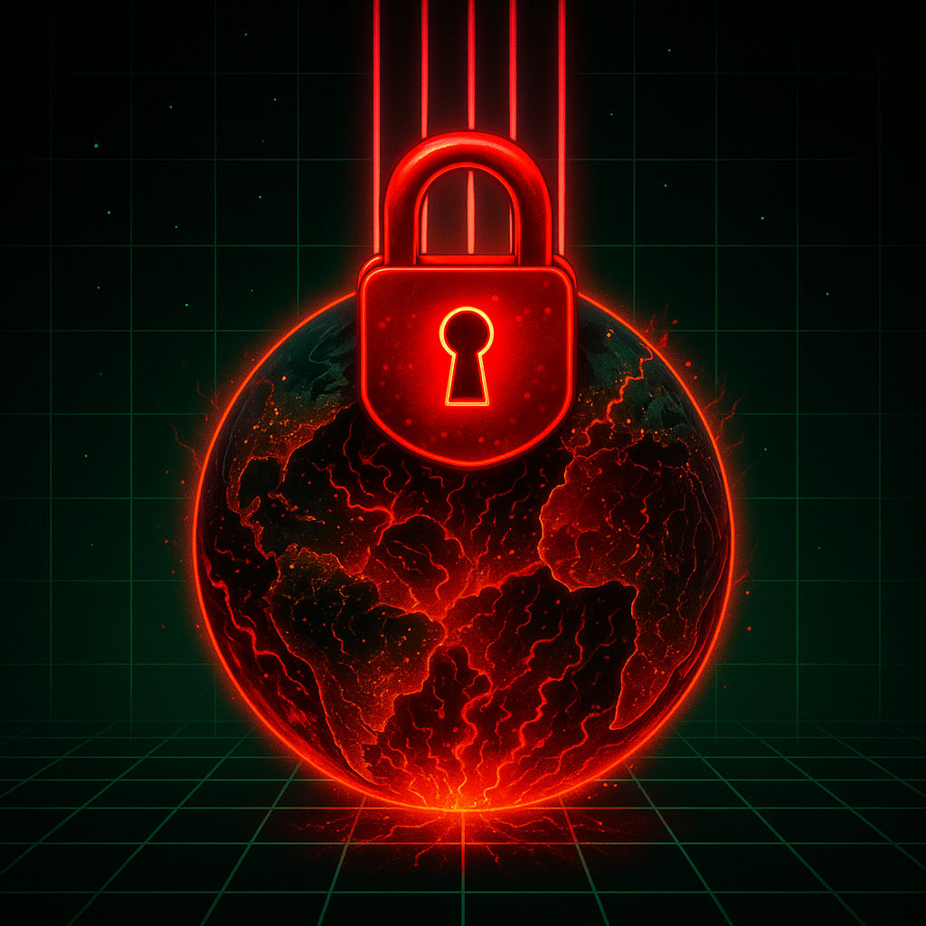 Digital artwork of Earth encased in a glowing geometric cage of red and green neon light, symbolizing the Kenoma — the counterfeit reality of control, extraction, and illusion.