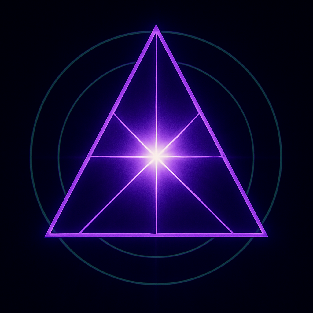 Neon digital illustration of an equilateral triangle radiating purple light, symbolizing divine coherence and perfect balance within the Pleroma.