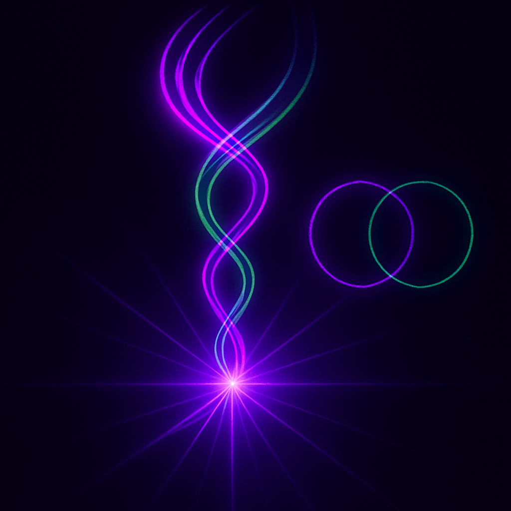 Neon light streams rising and intertwining in harmony, representing the divine emanations of the Aeons within the Pleroma, against a dark, gridless background.