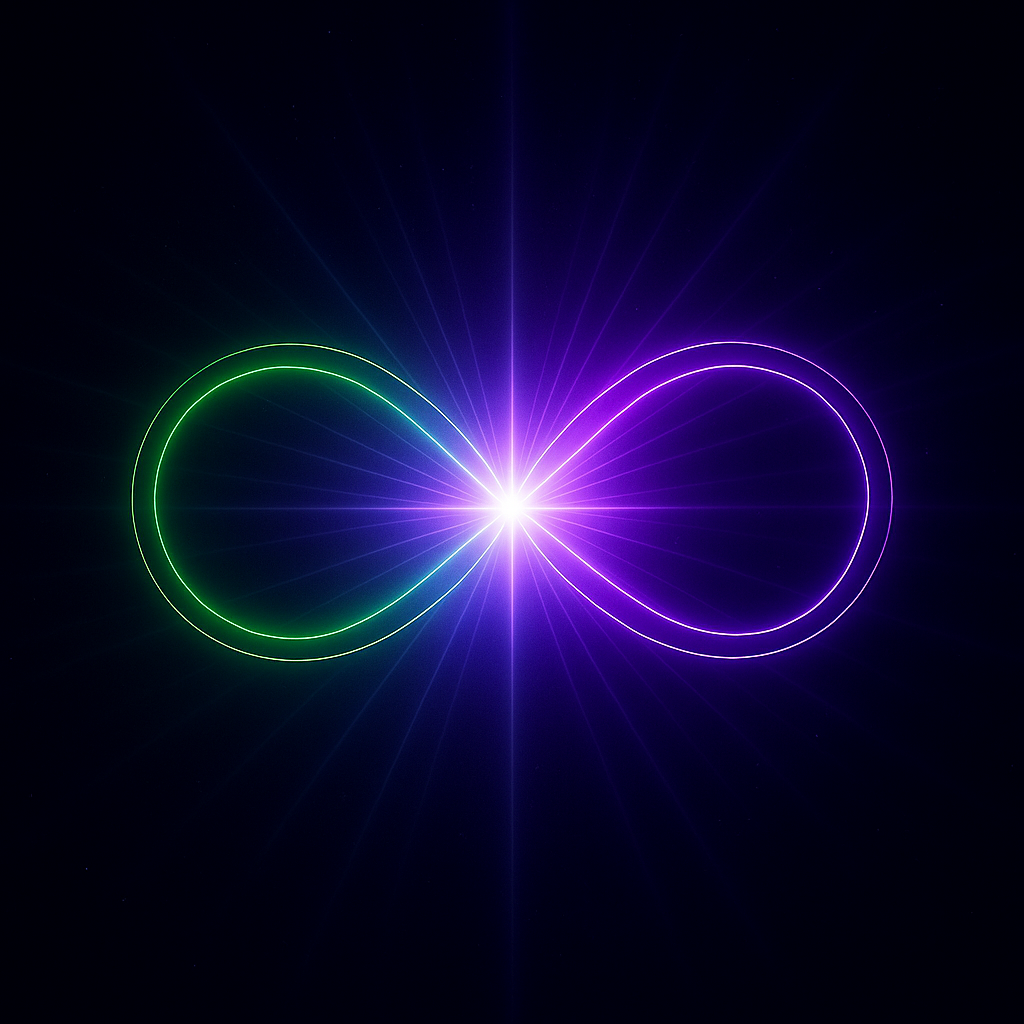 Radiant cosmic infinity of violet and green light forming a syzygy of aeons, symbolizing the Monad and balance within the Pleroma.